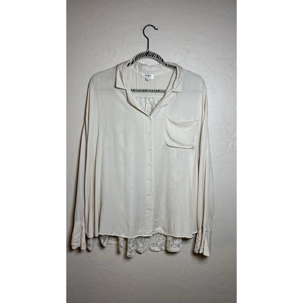 Umgee Womens L Ivory Lace Back Button Down Blouse Long Sleeve Boho